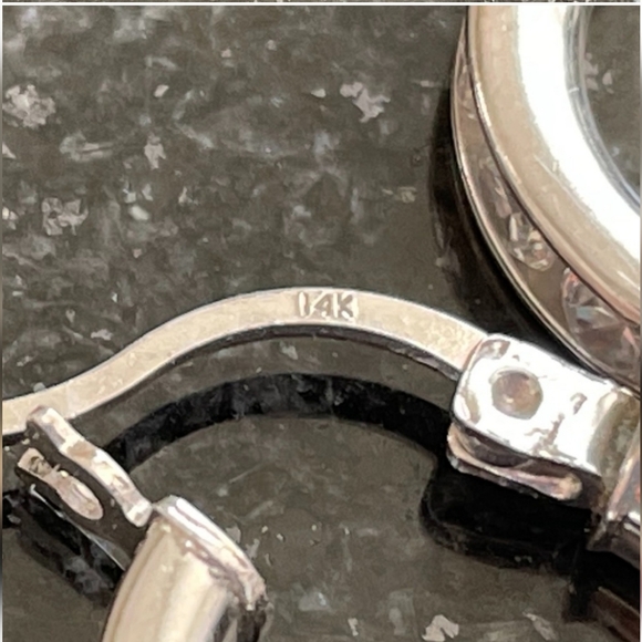 Solid 14KT White Gold & White Sapphire Hoop Earrings - Picture 11 of 14